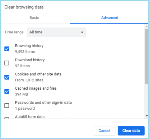 clean history or cache on chrome